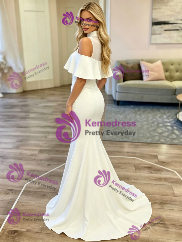 White Mermaid High Neck Wedding Dress