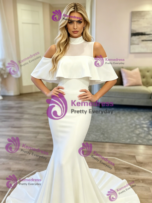 White Mermaid High Neck Wedding Dress