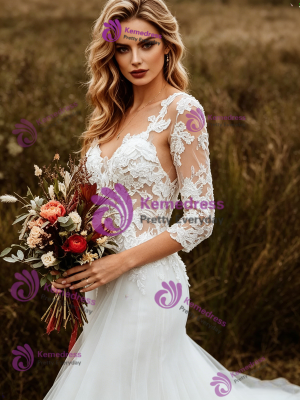 White Mermaid Tulle Lace Appliques Wedding Dress