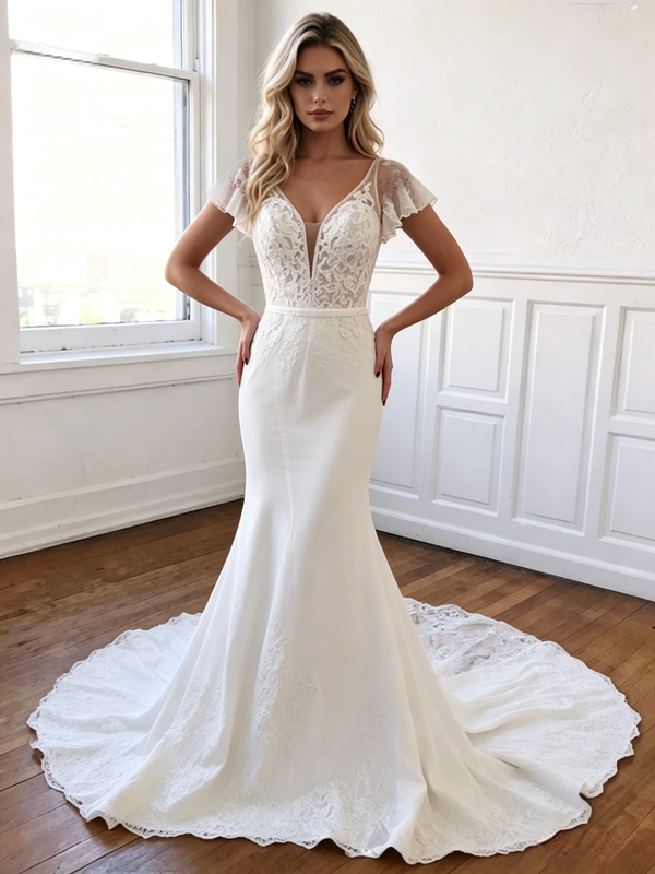 Sexy White Mermaid Lace V-Neck Wedding Dress