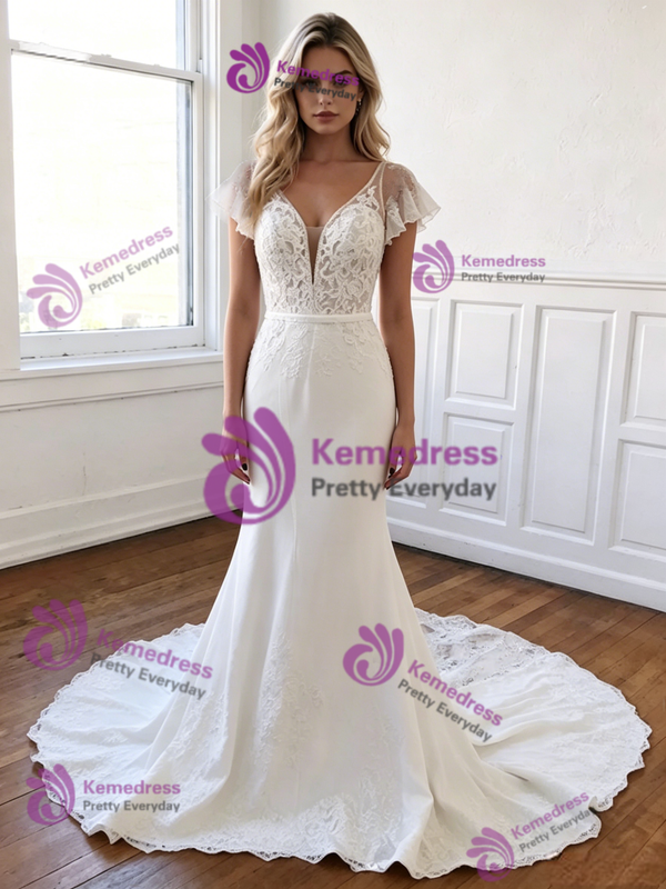 Sexy White Mermaid Lace V-Neck Wedding Dress