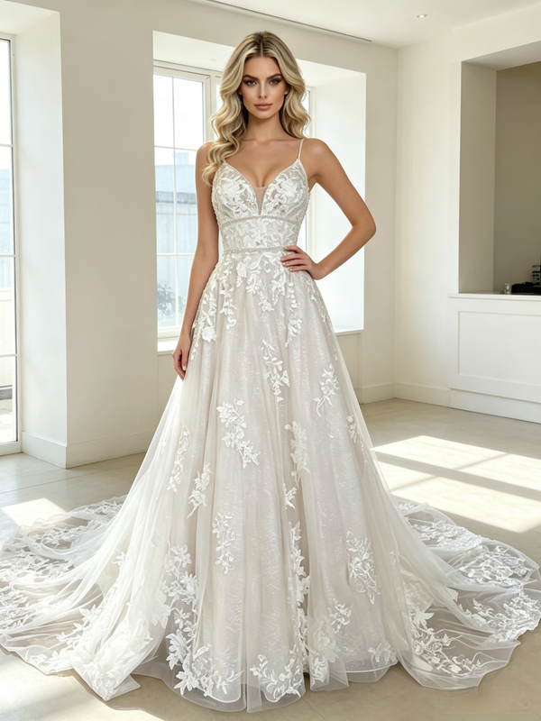 White Tulle Straps Lace Appliques Wedding Dress