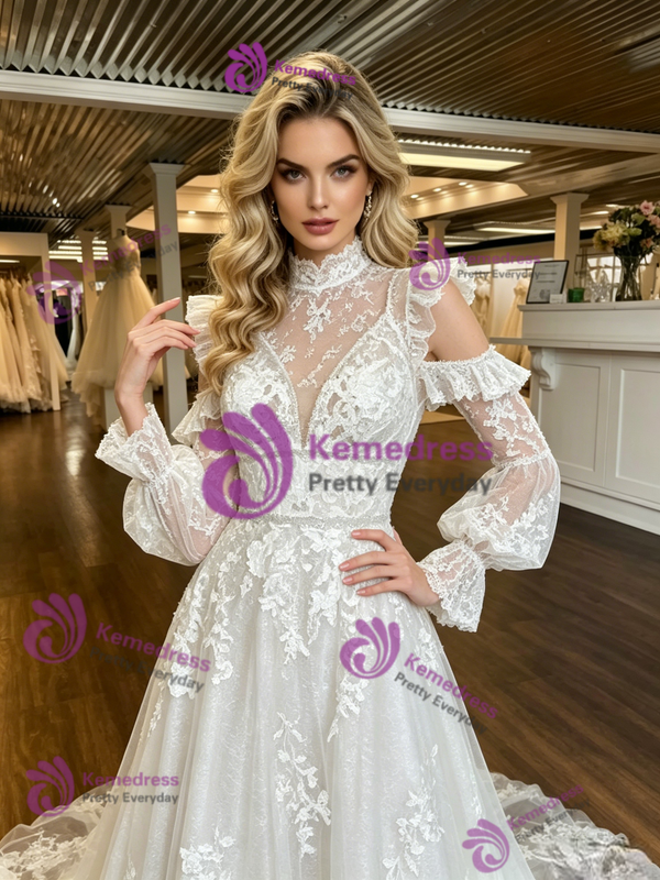 White Tulle Lace Appliques High Neck Wedding Dress