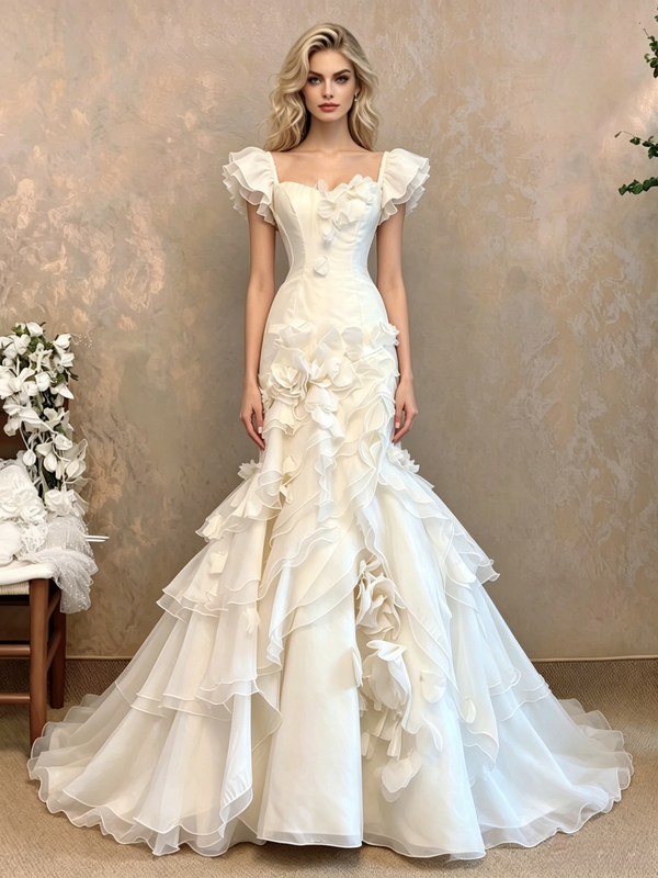 White Mermaid Tulle 3D Flower Wedding Dress