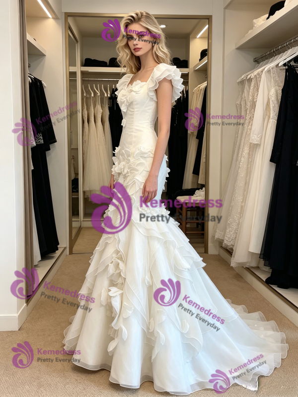 White Mermaid Tulle 3D Flower Wedding Dress