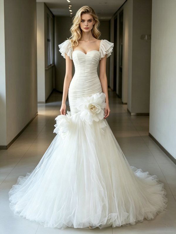 Sexy White Mermaid Tulle Pleats Flower Wedding Dress