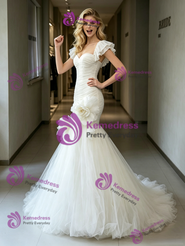Sexy White Mermaid Tulle Pleats Flower Wedding Dress