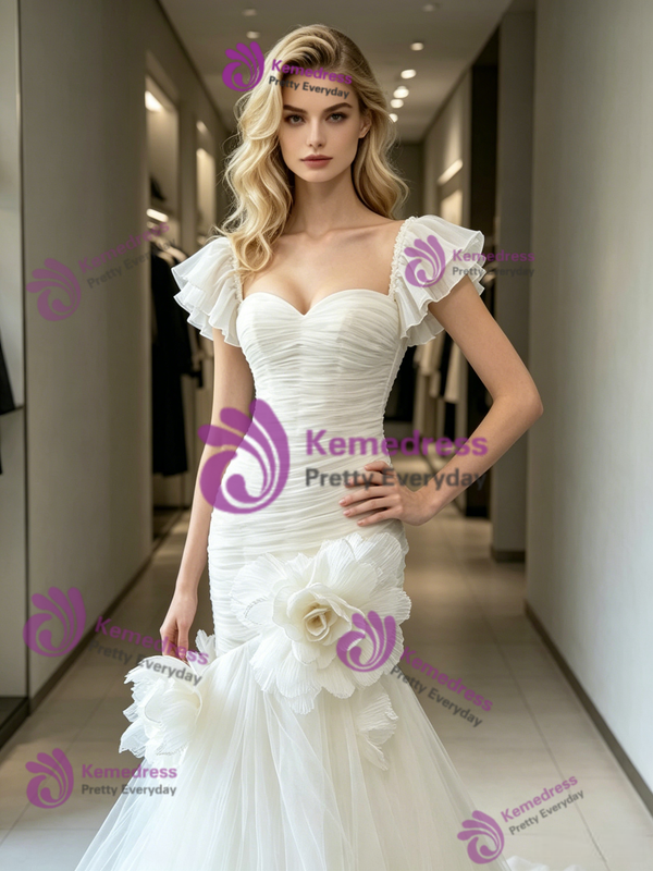 Sexy White Mermaid Tulle Pleats Flower Wedding Dress