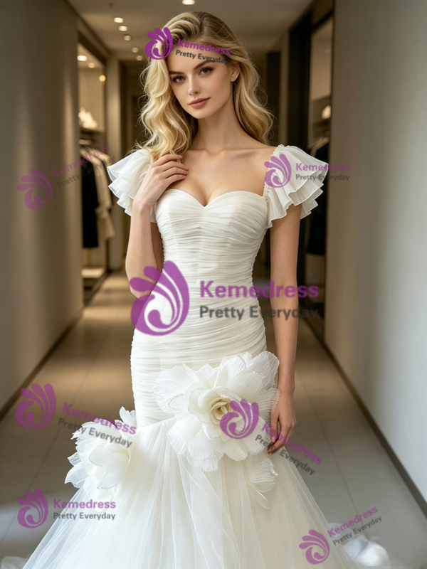 Sexy White Mermaid Tulle Pleats Flower Wedding Dress