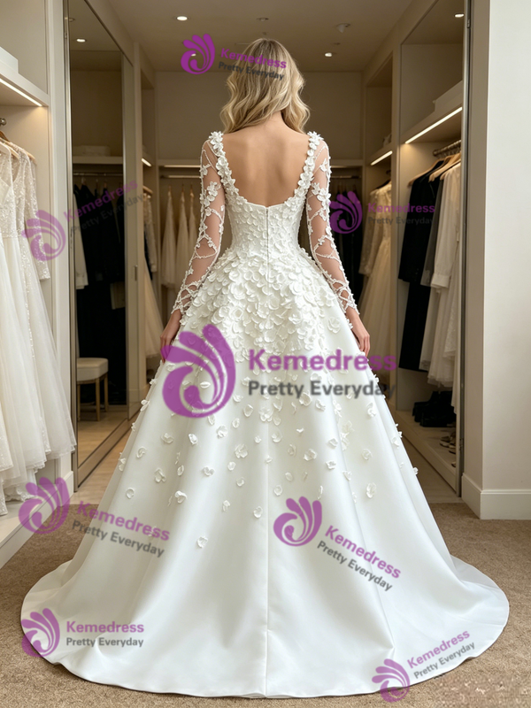 White Long Sleeve Square Neck Flower Wedding Dress