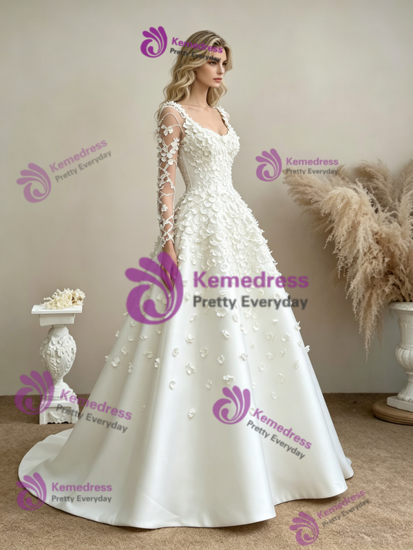 White Long Sleeve Square Neck Flower Wedding Dress