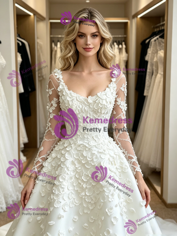 White Long Sleeve Square Neck Flower Wedding Dress