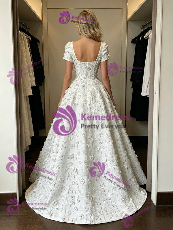 White Square Neck Short Sleeve Wedding Dress
