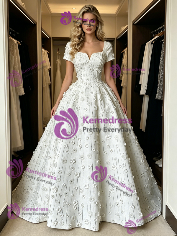 White Square Neck Short Sleeve Wedding Dress