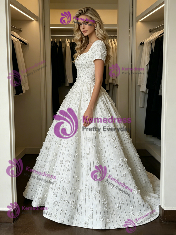 White Square Neck Short Sleeve Wedding Dress
