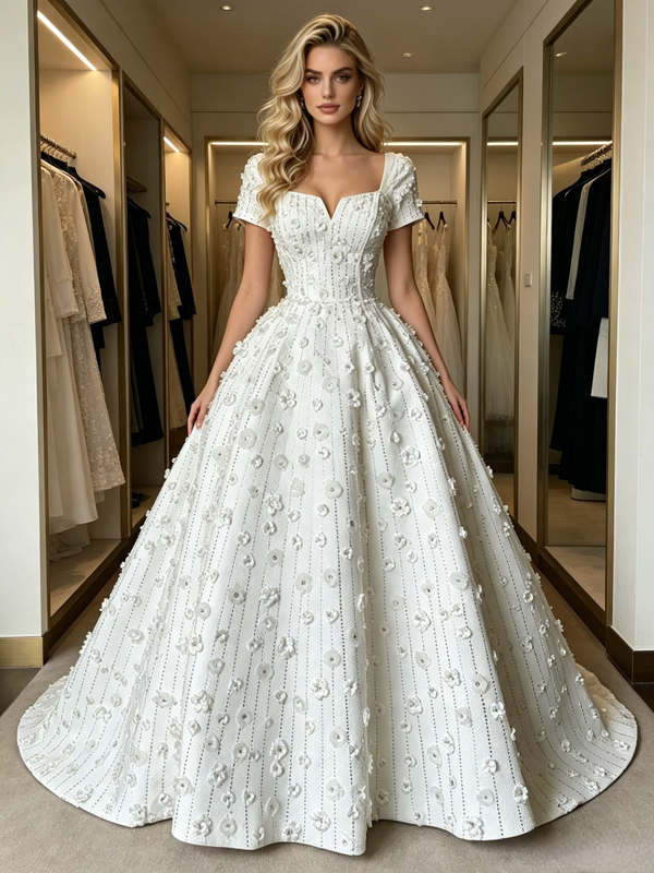 White Square Neck Short Sleeve Wedding Dress