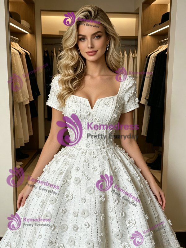 White Square Neck Short Sleeve Wedding Dress