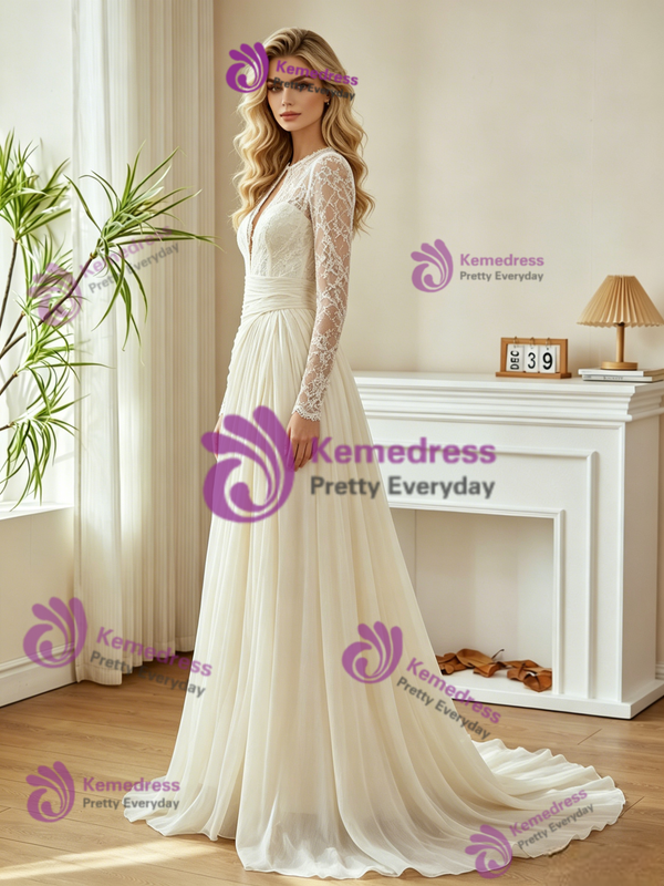 Ivory Long Sleeve Lace Pleats Wedding Dress