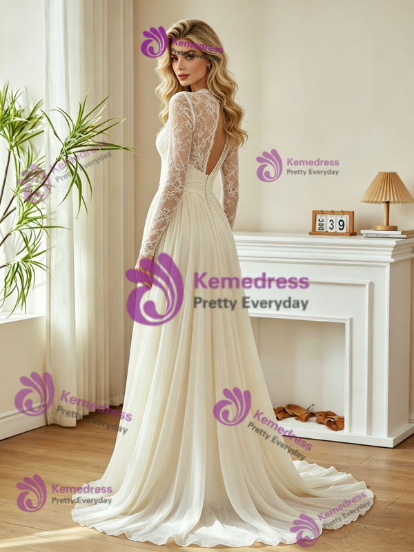 Ivory Long Sleeve Lace Pleats Wedding Dress