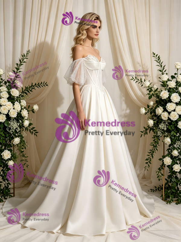 Ivory Satin Strapless Beading Wedding Dress