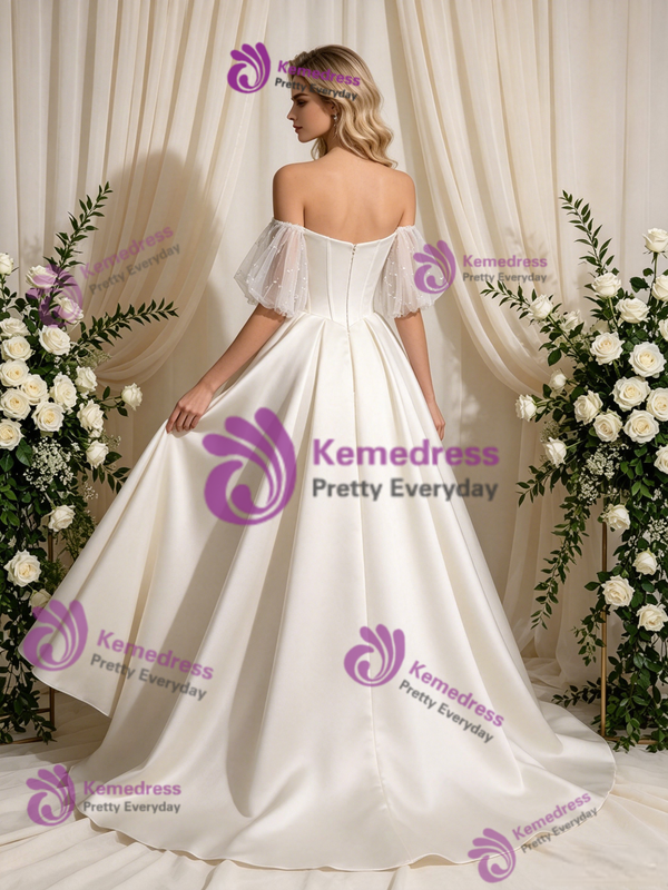 Ivory Satin Strapless Beading Wedding Dress