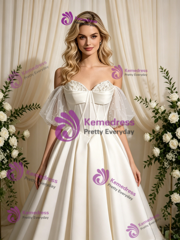 Ivory Satin Strapless Beading Wedding Dress