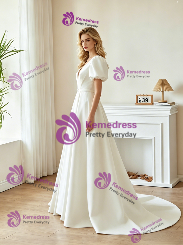 White Satin Puff Sleeve Pleats Wedding Dress