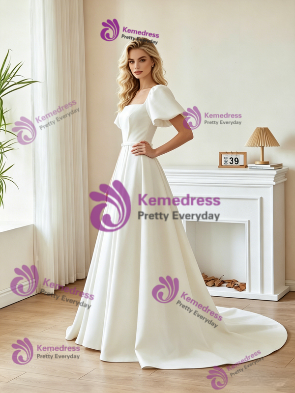 White Satin Puff Sleeve Pleats Wedding Dress