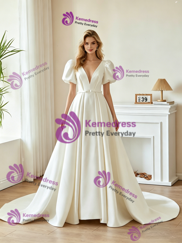 White Satin Puff Sleeve Pleats Wedding Dress