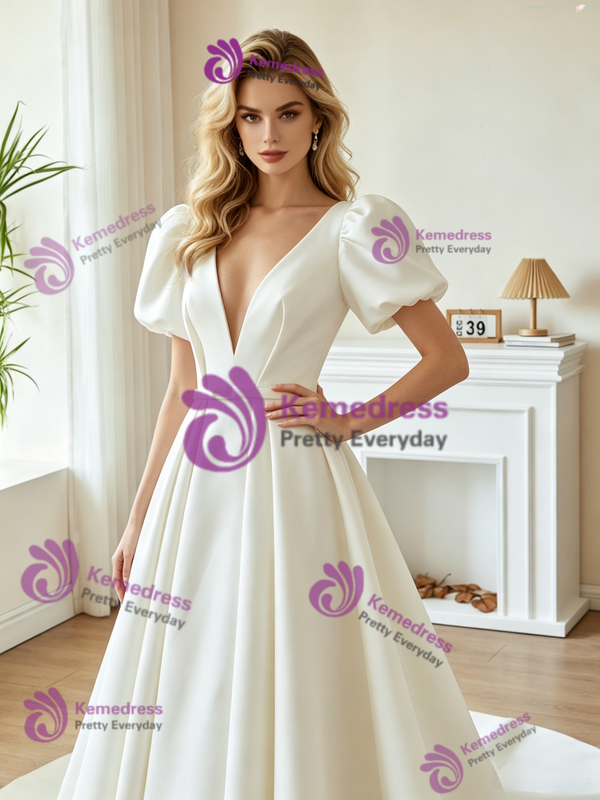 White Satin Puff Sleeve Pleats Wedding Dress