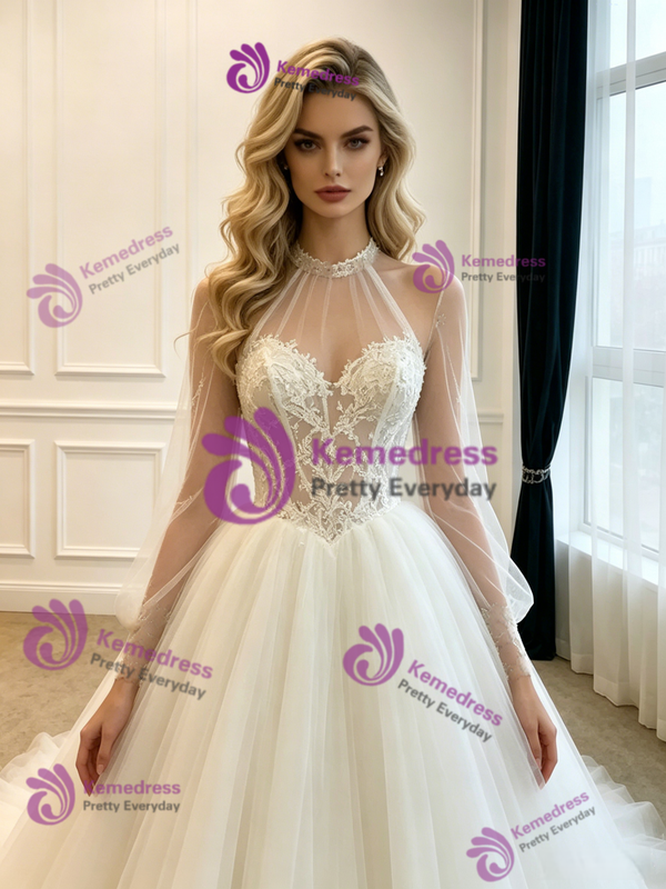 White Tulle Long Sleeve Appliques Wedding Dress
