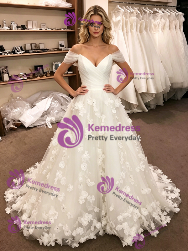 White Tulle Off The Shoulder 3D Flower Wedding Dress