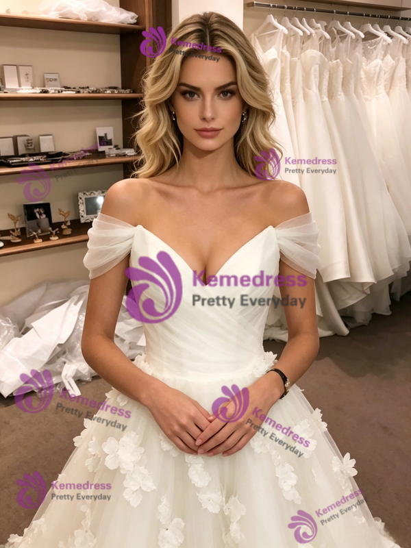 White Tulle Off The Shoulder 3D Flower Wedding DressWhite Tulle Off The Shoulder 3D Flower Wedding Dress