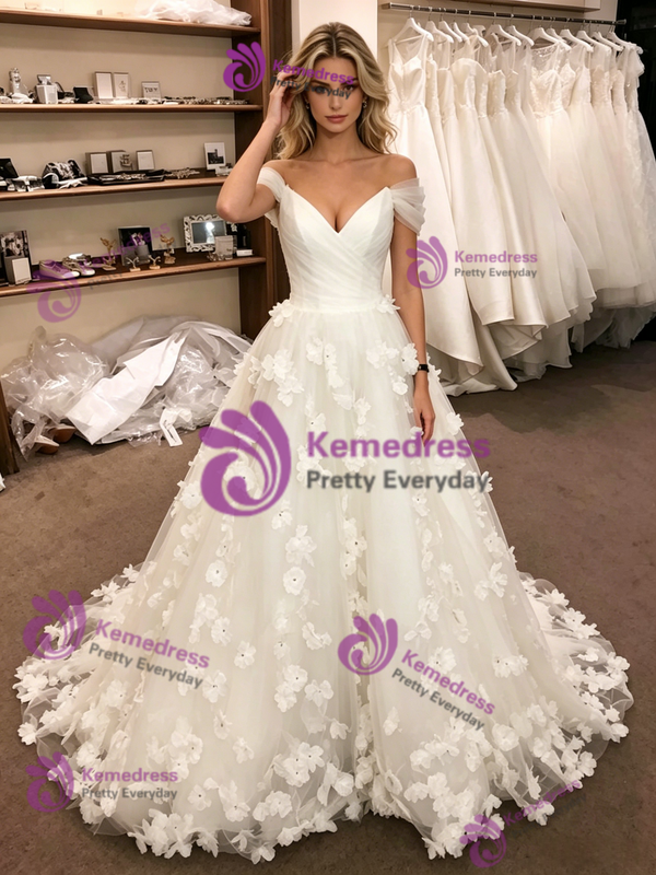 White Tulle Off The Shoulder 3D Flower Wedding Dress