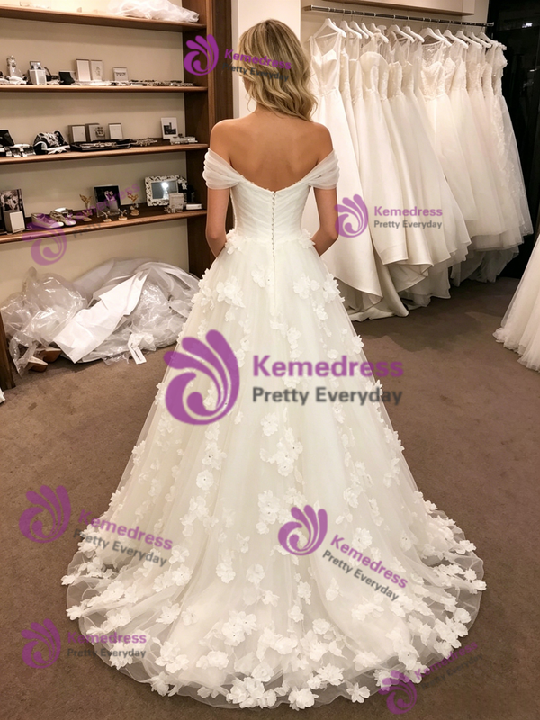 White Tulle Off The Shoulder 3D Flower Wedding Dress