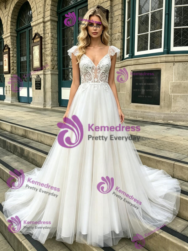 White Tulle Straps Lace Wedding Dress