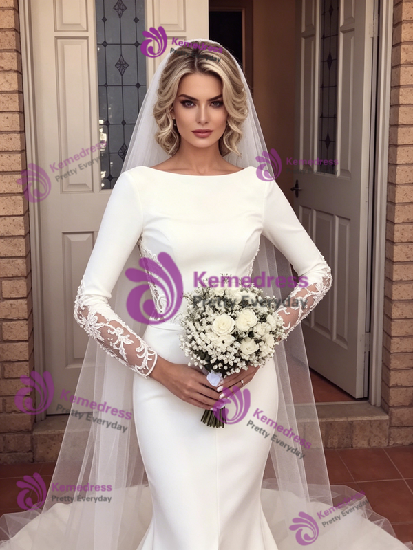 White Mermaid Long Sleeve Split Wedding Dress
