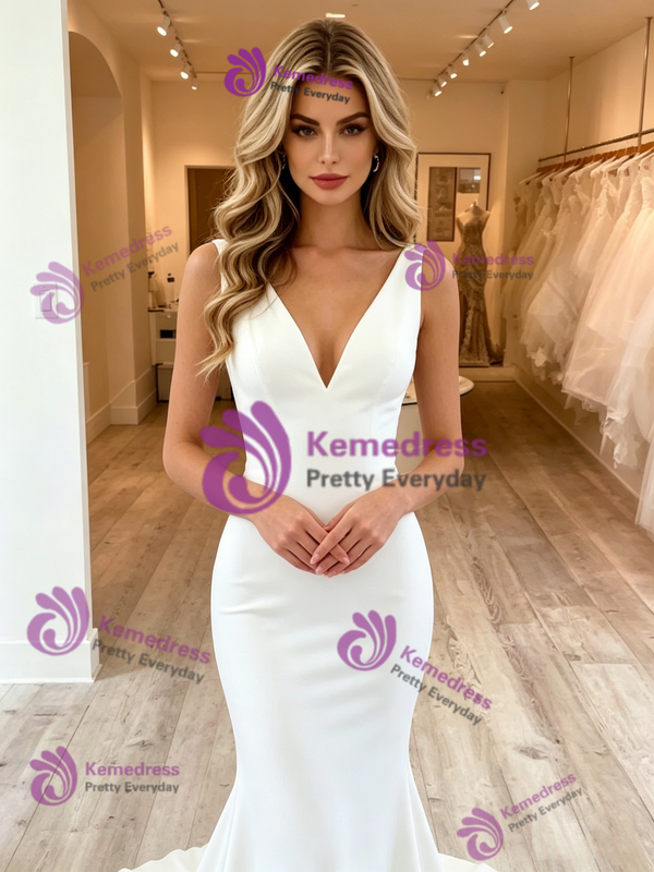 White Mermaid V-Neck Backless Wedding Dress