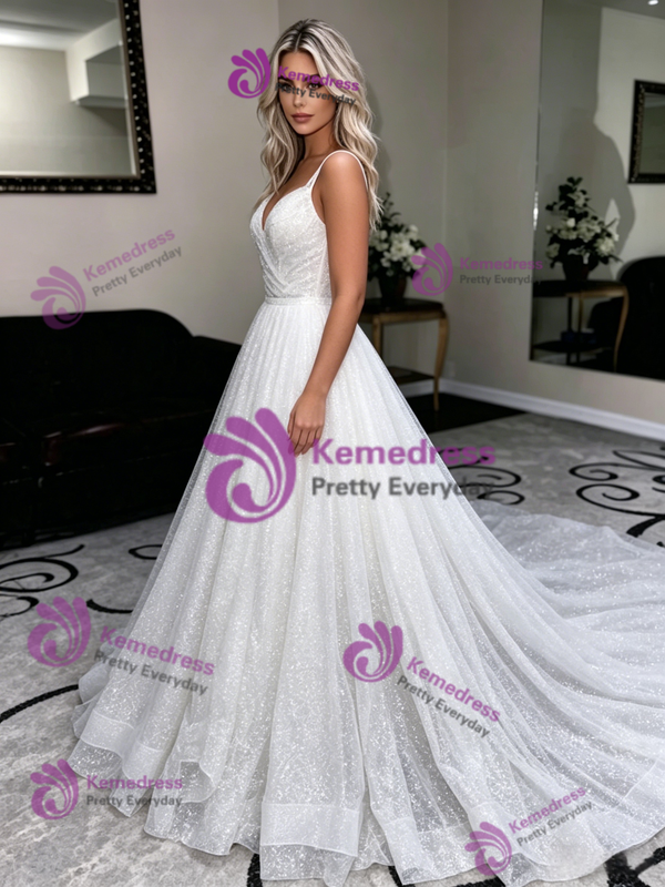 Simple White Sequins Spaghetti Straps Wedding Dress