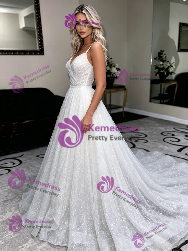 Simple White Sequins Spaghetti Straps Wedding Dress