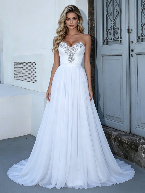 Simple White Chiffon Strapless Wedding Dress