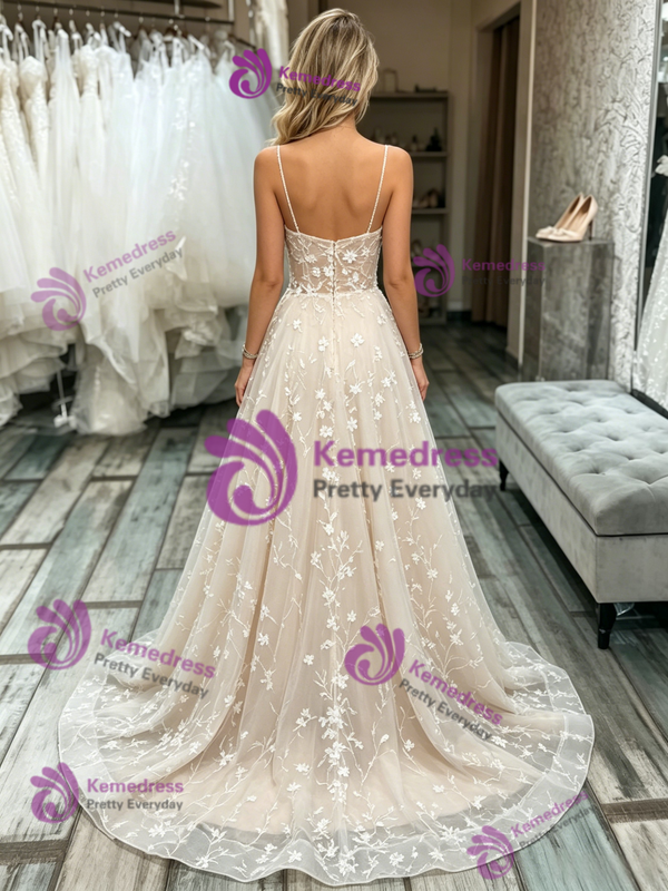Champagne Lace Spaghetti Straps Wedding Dress