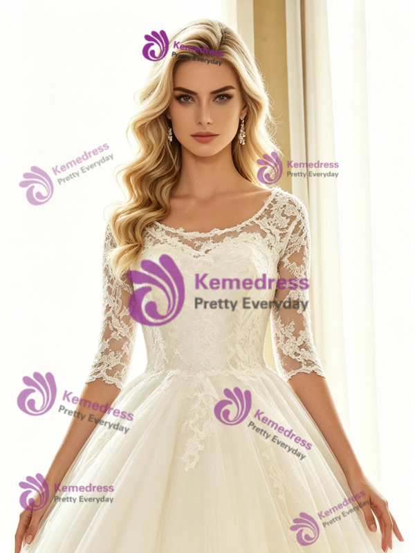 White Tulle Lace Short Sleeve Wedding Dress
