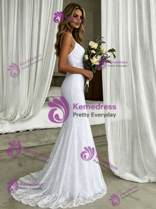 White Mermaid Spaghetti Straps Wedding Dress