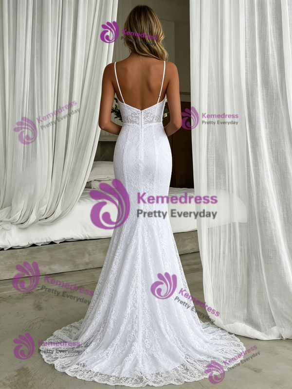 White Mermaid Spaghetti Straps Wedding Dress