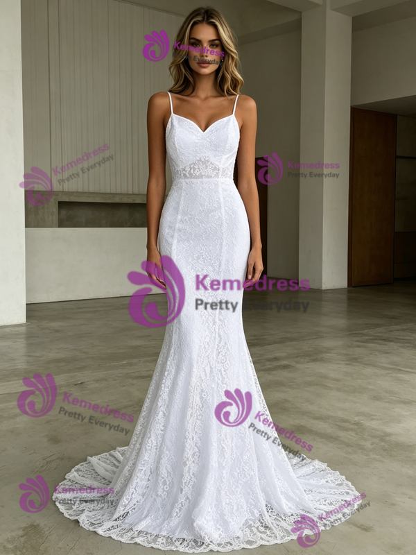 White Mermaid Spaghetti Straps Wedding Dress