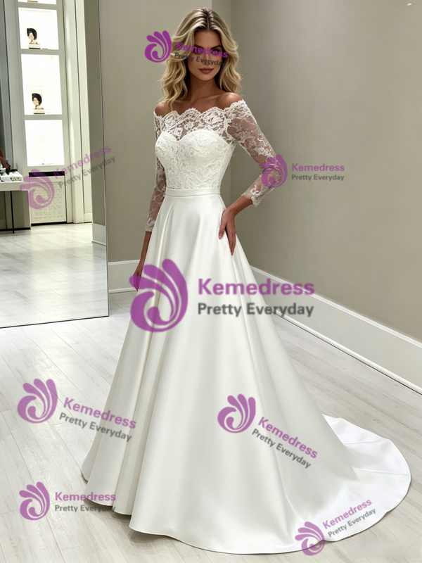 White Satin Lace Long Sleeve Off the Shoulder Wedding Dress