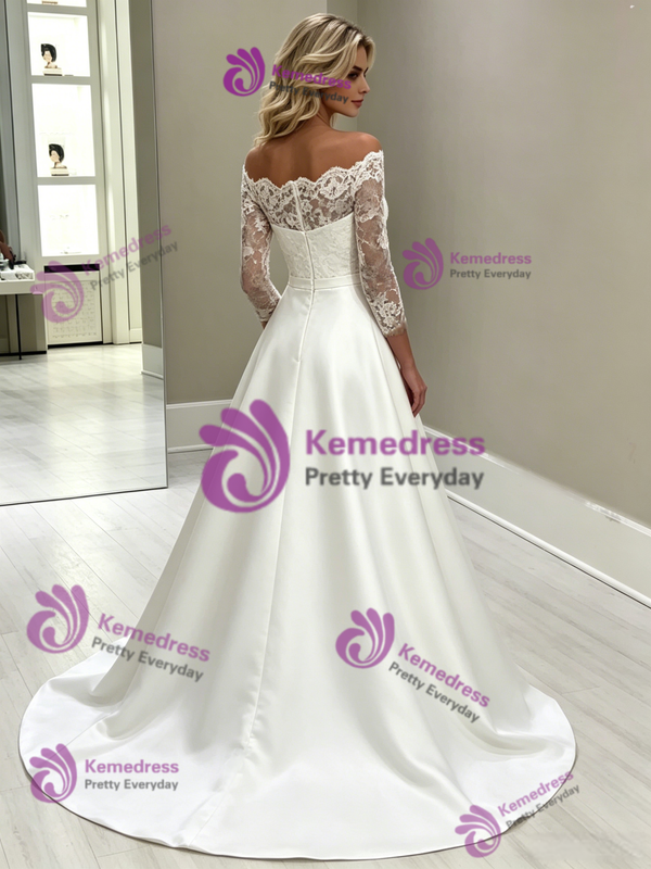 White Satin Lace Long Sleeve Off the Shoulder Wedding Dress