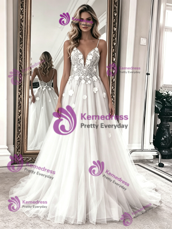 White Tulle Lace Spagheti Straps Wedding Dress