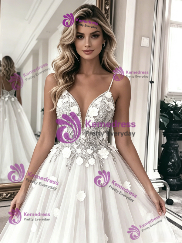 White Tulle Lace Spagheti Straps Wedding Dress
